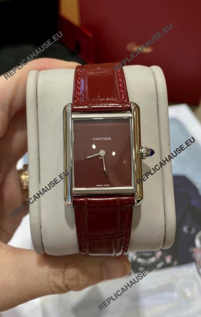 Must De Cartier Tank Edition Watch in 904L Stainless Steel Casing Maroon Dial