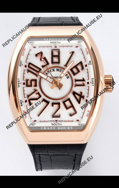 Franck Muller Vanguard Crazy Hours in Rose Gold Plating - White Dial Swiss Replica Watch 