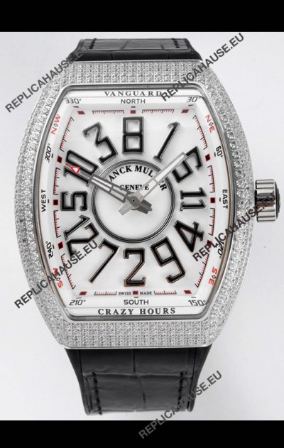 Franck Muller Vanguard Crazy Hours in Stainless Steel Diamonds - White Dial Swiss Replica Watch 
