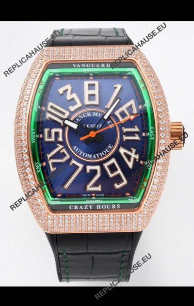 Franck Muller Vanguard Crazy Hours Rose Gold Diamonds - Steel Blue Dial Swiss Replica Watch 