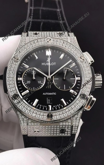 Hublot Classic Fusion Chronograph Steel Diamonds Casing Black Dial 1:1 Mirror Replica Watch 