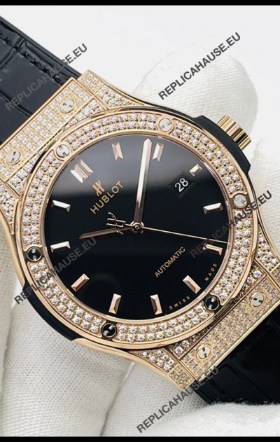 Hublot Classic Fusion Diamonds Rose Gold Black Dial Swiss Replica Watch 1:1 Mirror Quality 