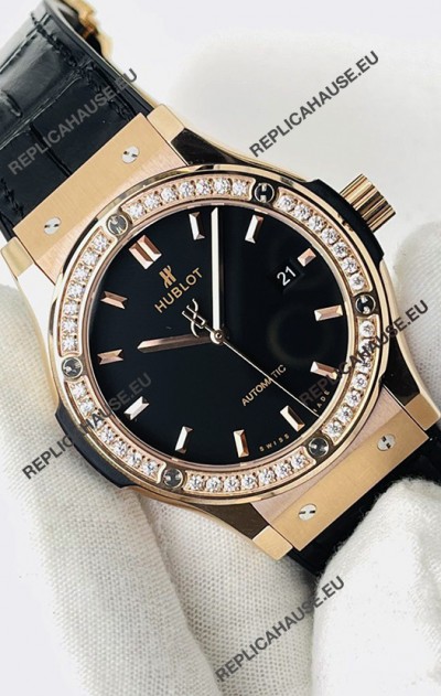 Hublot Classic Fusion Rose Gold Black Dial Swiss Replica Watch 1:1 Mirror Quality 