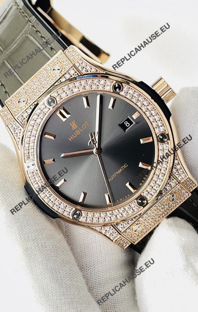 Hublot Classic Fusion Diamonds Rose Gold Grey Dial Swiss Replica Watch 1:1 Mirror Quality 