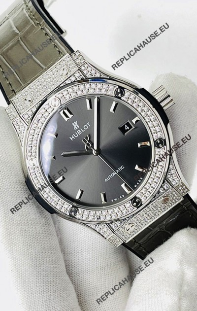 Hublot Classic Fusion Stainless Steel Diamonds Grey Dial Swiss Replica Watch 1:1 Mirror Quality 