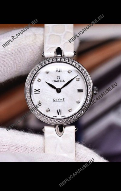 Omega De Ville Prestige Dewdrop Edition Swiss Quartz Watch in White Dial and Strap