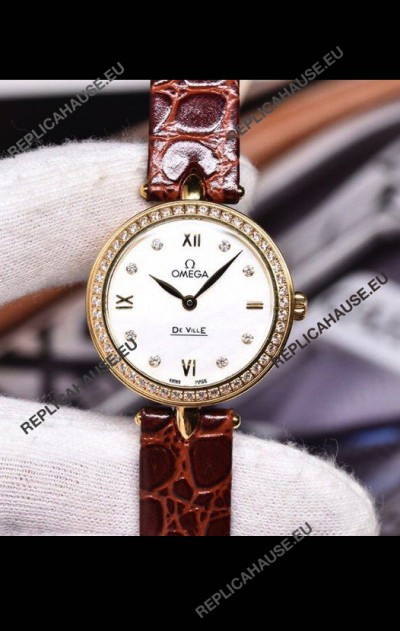 Omega De Ville Prestige Dewdrop Edition Swiss Quartz Watch in Rose Gold Brown Strap