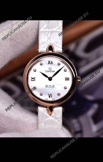 Omega De Ville Prestige Dewdrop Edition Swiss Quartz Watch in Rose Gold White Strap