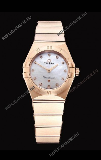 Omega Constellation Ladies Swiss Quartz 1:1 Mirror Replica - Rose Gold Casing White Pearl Dial