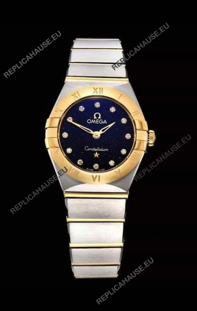 Omega Constellation Ladies Swiss Quartz 1:1 Mirror Replica - Two Tone Casing in Black Starry Dial 