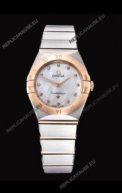 Omega Constellation Ladies Swiss Quartz 1:1 Mirror Replica - Two Tone Casing in White Pearl Dial
