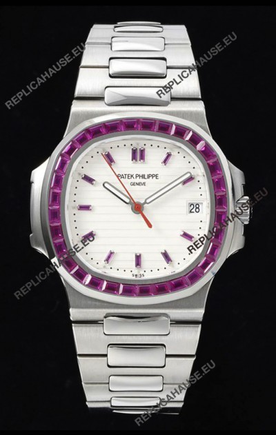 Patek Philippe Nautilus 5711 White Dial 1:1 Mirror Replica in 904L Steel with Rubies Bezel