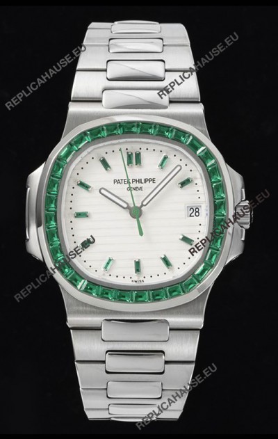 Patek Philippe Nautilus 5711 White Dial 1:1 Mirror Replica in 904L Steel with Rubies Bezel