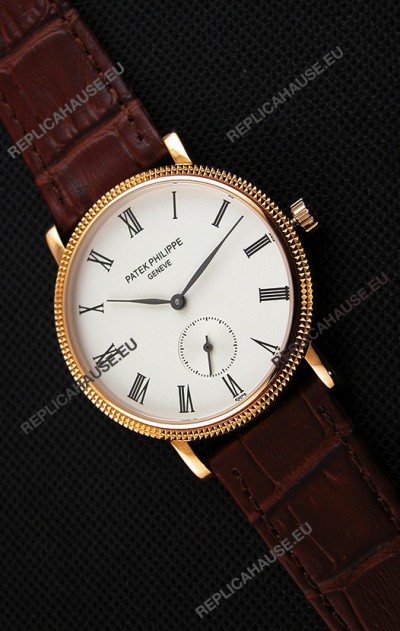 Patek Philippe Calatrava Japanese Mens Watch in Yellow Gold Case Brown Strap