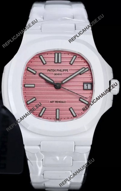 Patek Philippe Nautilus 5711 AET Remould White Ceramic Edition Pink Dial Swiss Replica Watch