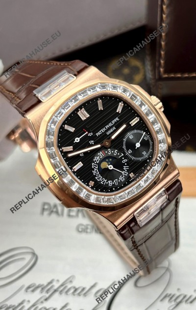 Patek Philippe Nautilus 5712R 1:1 Quality Swiss Replica Watch in Black Dial Brown Strap