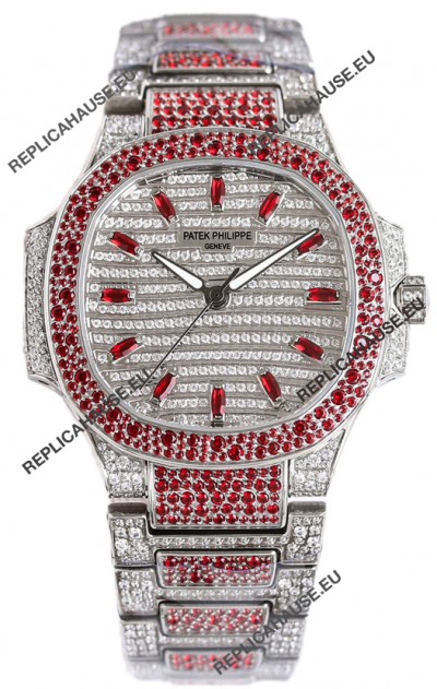 Patek Philippe Nautilus 7118R 35MM 1:1 Red Diamonds Paved Watch in Steel Casing 