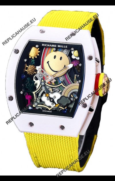 Richard Mille RM088 Smiley Tourbillon White Ceramic Casing Yellow Nylon Strap Replica Watch 
