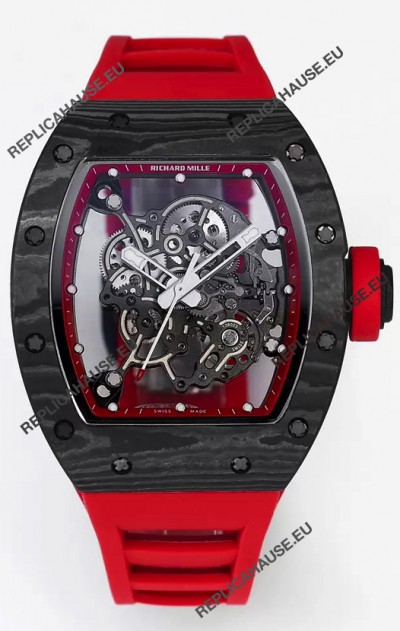 Richard Mille RM055 Black Carbon Casing Red Rubber 1:1 Superclone Genuine Tourbillon Watch 