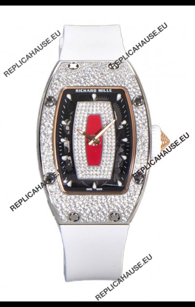 Richard Mille RM007 Diamonds Paved White Strap Red Dial 904L Steel Superclone Swiss Watch