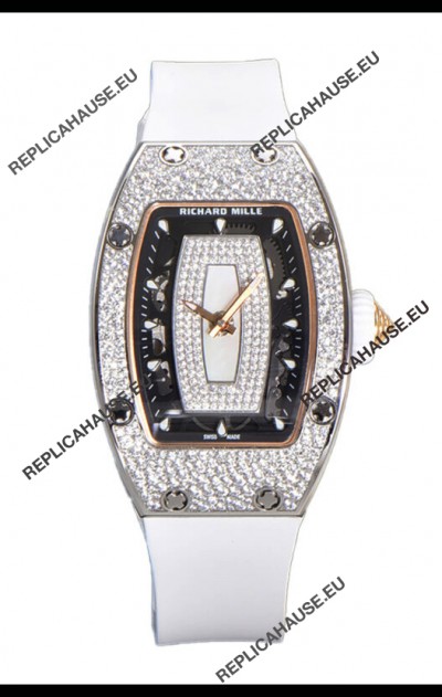 Richard Mille RM007 Diamonds Paved White Strap & Dial 904L Steel Superclone Swiss Watch
