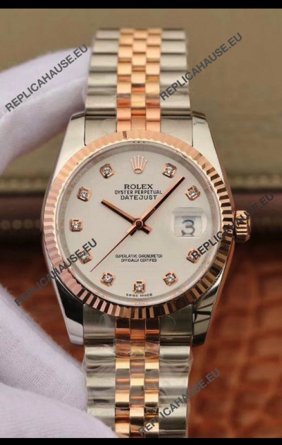 Rolex Datejust 36MM Cal.3135 Movement Swiss Replica Watch in 904L Steel Two Tone Casing White Dial