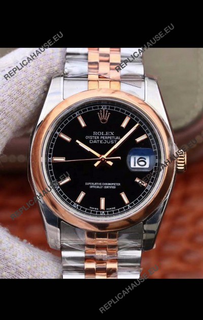 Rolex Datejust 36MM Cal.3135 Movement Swiss Replica Watch in 904L Steel Two Tone Casing Black Dial
