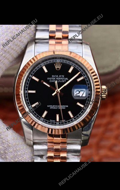 Rolex Datejust 36MM Cal.3135 Movement Swiss Replica Watch in 904L Steel Two Tone Casing Black Dial