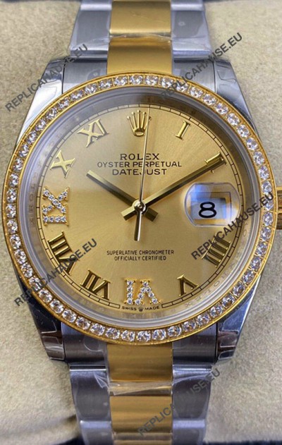 Rolex Datejust 36MM Cal.3135 Movement Swiss Replica Watch in 904L Steel Two Tone Casing Gold Dial