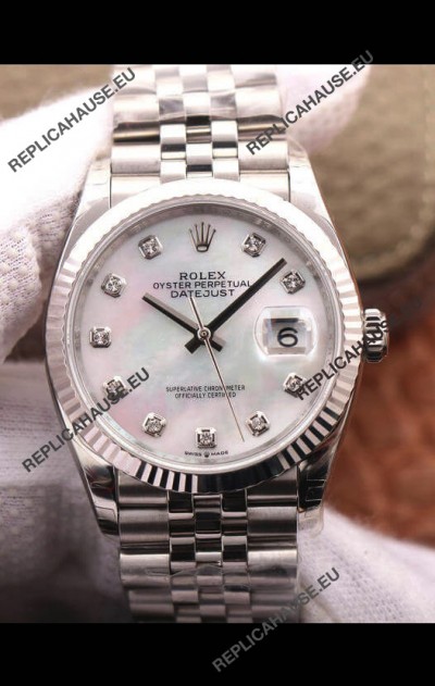 Rolex Datejust 36MM Cal.3135 Movement Swiss Replica Watch in 904L Steel Pearl Dial 