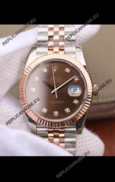 Rolex Datejust 41MM Cal.3135 Movement Swiss Replica Watch in 904L Steel Two Tone Brown Dial
