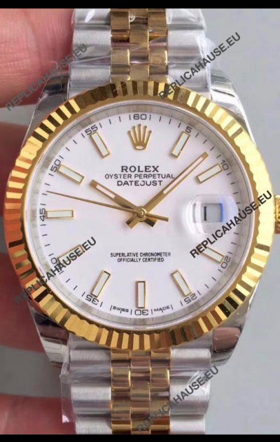 Rolex Datejust 41MM Cal.3135 Movement Swiss Replica Watch in 904L Steel Two Tone White Dial