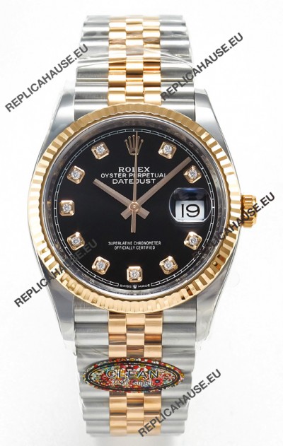 Rolex Super Clone Datejust ETA 3235 Movement 36MM Two Tone Rose Gold Swiss Black Dial Watch