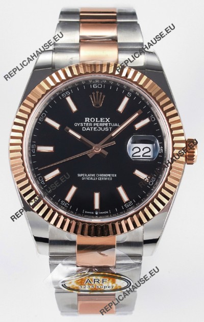 Rolex Super Clone Datejust ETA 3235 Movement 41MM Two Tone Rose Gold Plating Black Dial Watch