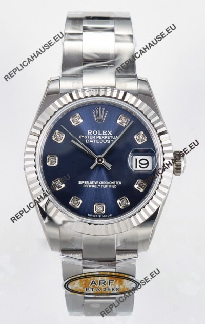 Rolex Super Clone Datejust ETA 2688 Movement 31MM Stainless Steel Blue Diamonds Dial Watch 