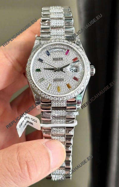 Rolex Day Date Super Clone White Gold Plated Custom Modified Diamonds Paved Watch 