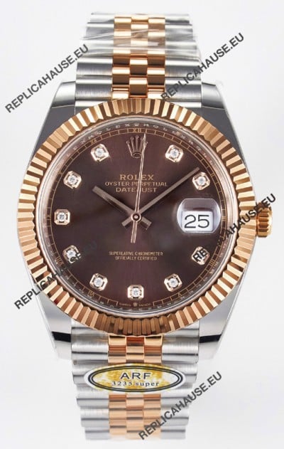 Rolex Super Clone Datejust ETA 3235 Movement 41MM Two Tone Rose Gold Plating Brown Dial Watch