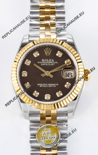 Rolex Super Clone Datejust ETA 2688 Movement 31MM Two Tone Yellow Gold Brown Dial