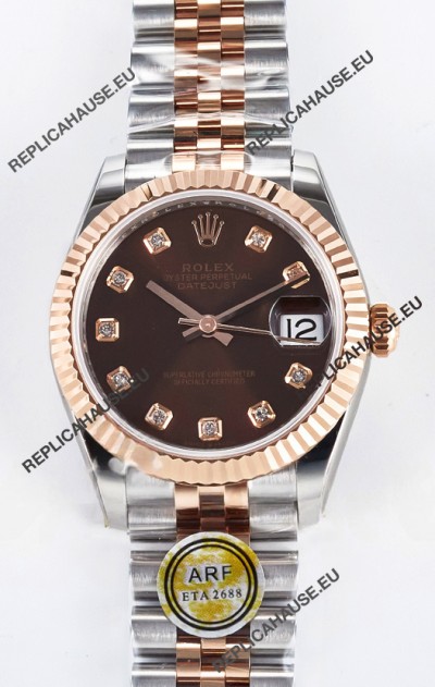 Rolex Super Clone Datejust ETA 2688 Movement 31MM Two Tone Rose Gold Swiss Brown Dial