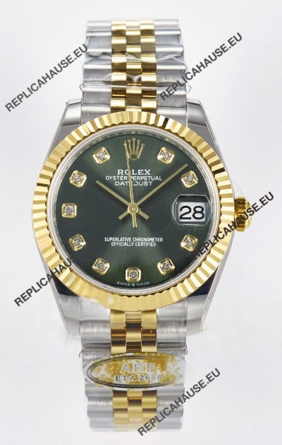 Rolex Super Clone Datejust ETA 2688 Movement 31MM Two Tone Yellow Gold Swiss Green Dial 