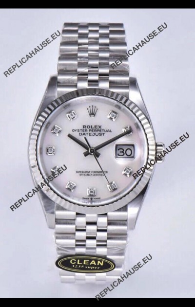 Rolex Datejust 126234 36MM Swiss Replica in 904L Steel in White Pearl Dial 1:1 Mirror Replica