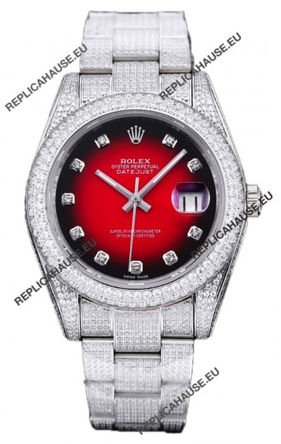 Rolex Datejust 41MM Swiss Replica - Iced Out Edition in Red Dial 