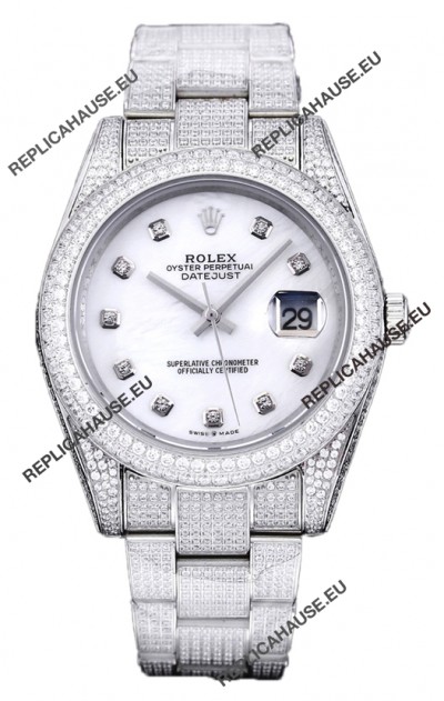 Rolex Datejust 41MM Swiss Replica - Iced Out Edition in White Pearl Dial