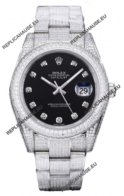 Rolex Datejust 41MM Swiss Replica - Iced Out Edition in Black Dial 