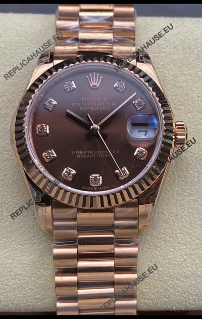 Rolex Datejust 31MM Swiss Watch in 904L Steel Rose Gold Chocolate Dial 1:1 Mirror Replica