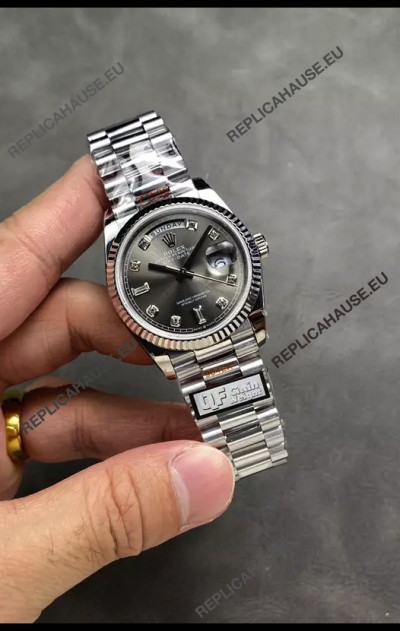 Rolex Day Date Super Clone Stainless Steel Grey Dial Diamonds Numerals Watch 36MM - 1:1 Mirror Quality