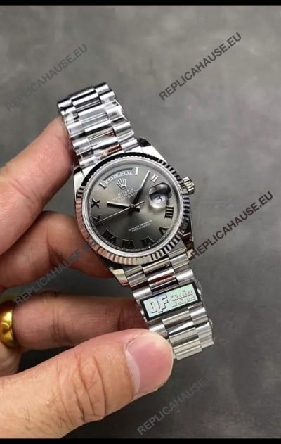 Rolex Day Date Super Clone Stainless Steel Grey Dial Roman Numerals Watch 36MM - 1:1 Mirror Quality