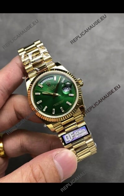 Rolex Day Date Super Clone Yellow Gold Green Dial Crystal Numerals Watch 36MM - 1:1 Mirror Quality