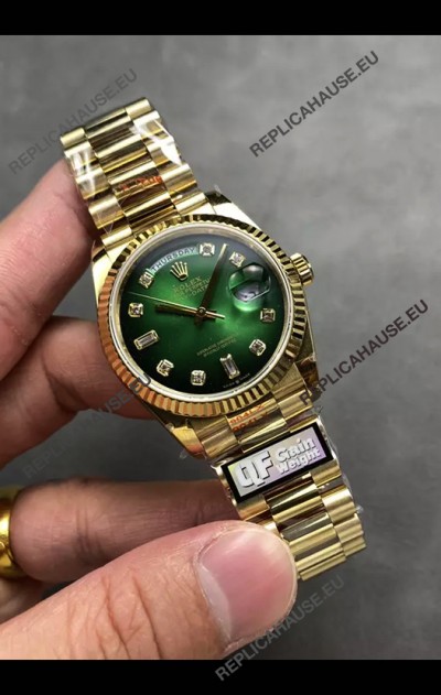 Rolex Day Date Super Clone Yellow Gold Green Dial Diamonds Numerals Watch 36MM - 1:1 Mirror Quality