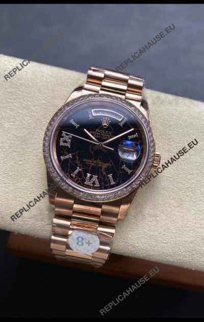 Rolex Day Date Super Clone Rose Gold Eisenkiesel Dial Diamonds Numerals Watch 36MM - 1:1 Mirror Quality